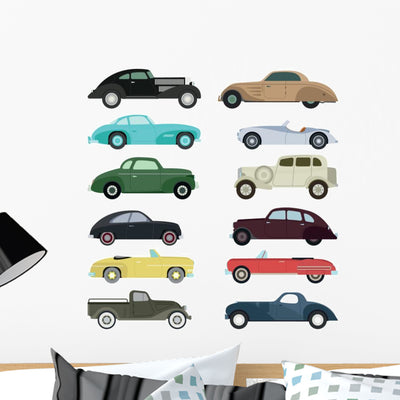 Various Automobiles Retro Car Wall Decal Sticker Set shown on a wall