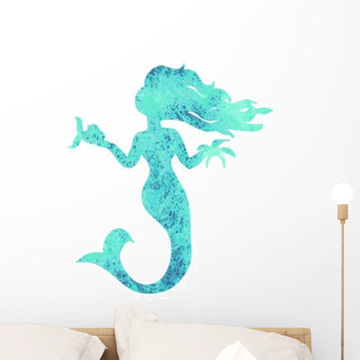 Turquoise Silhouette Watercolor Mermaid Wall Decal shown on a wall