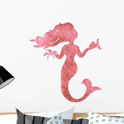 Pink Silhouette Watercolor Mermaid Wall Decal shown on a wall