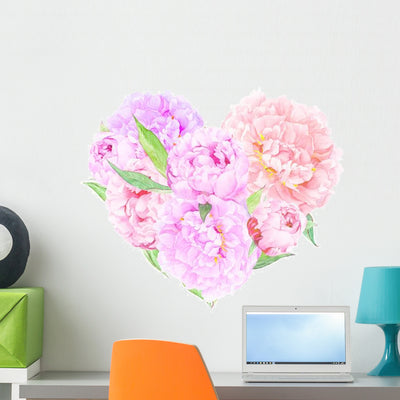 Floral Heart Pink Peonies Wall Decal shown on a wall