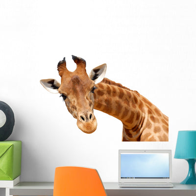 Portrait Giraffe Wall Decal shown on a wall