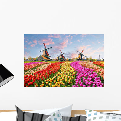 Landscape with Tulips Zaanse Windmills Wall Decal shown on a wall