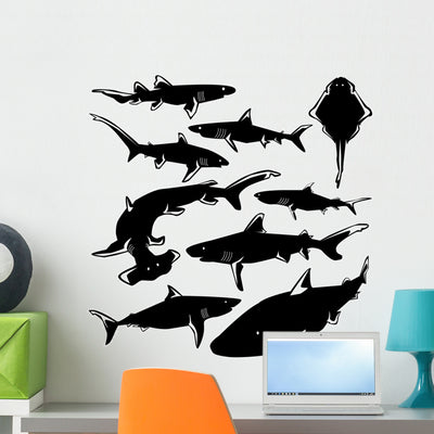 Dangerous Sharks Vector Silhouette Wall Decal shown on a wall