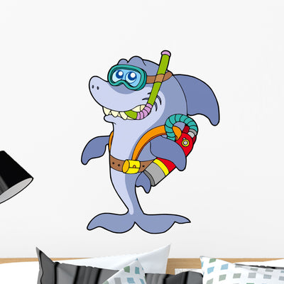 Shark Scuba Diver Wall Decal shown on a wall