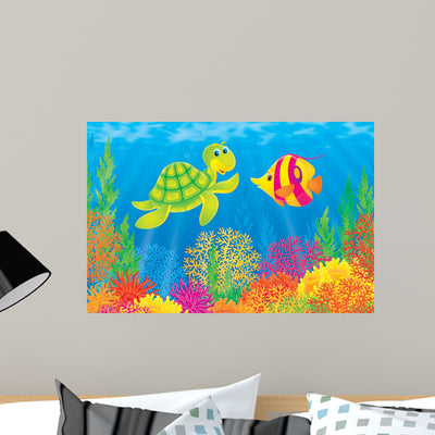 Coral Fish and Turtle Wall Decal shown on a wall