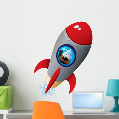Cartoon Dog Astronaut Spaceship Wall Decal shown on a wall