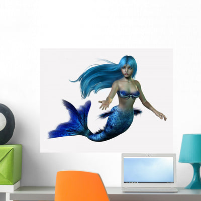 Blue Mermaid Wall Decal shown on a wall