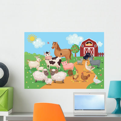 Illustration with Farm Animals Wall Decal shown on a wall