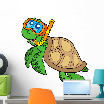 Sea Turtle Snorkel Diver Wall Decal shown on a wall