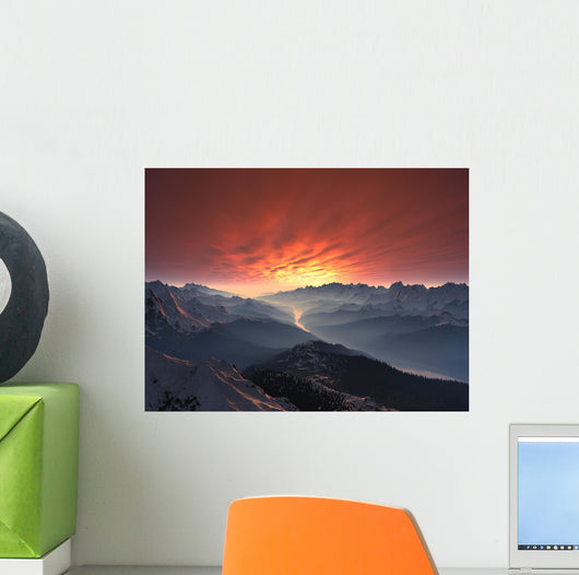 Snow-covered Mountain Valley Sunset Wall Decal