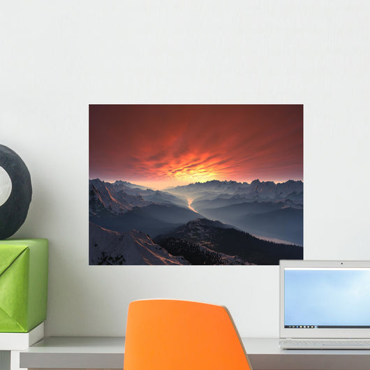Snow-covered Mountain Valley Sunset Wall Decal