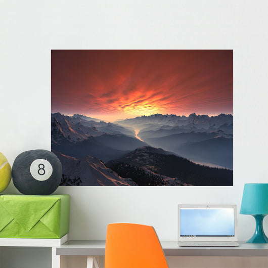 Snow-covered Mountain Valley Sunset Wall Decal