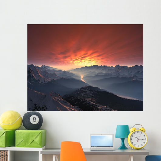 Snow-covered Mountain Valley Sunset Wall Decal