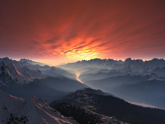 Snow-covered Mountain Valley Sunset Wall Decal