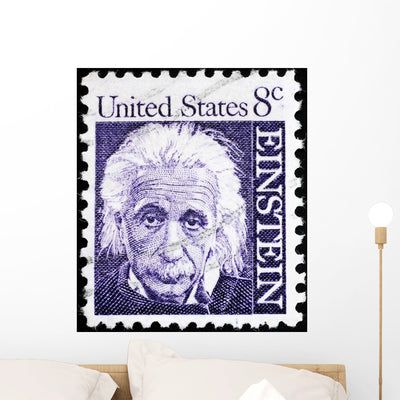 Albert Einstein Postage Stamp Wall Mural shown on a wall