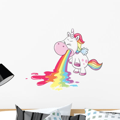 Cute Rainbow Barfing Unicorn Wall Decal shown on a wall
