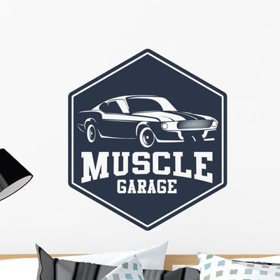 Vintage American Muscle Car Garage Wall Decal shown on a wall
