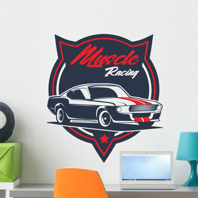 Vintage American Muscle Racing Car Wall Decal shown on a wall
