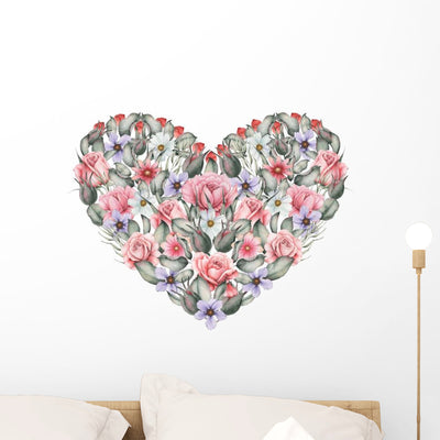 Heart Shaped Rose Floral Wall Decal shown on a wall