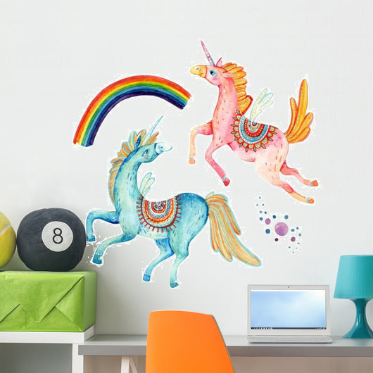 Watercolor Rainbow Flying Unicorns Wall Decal Sticker Set