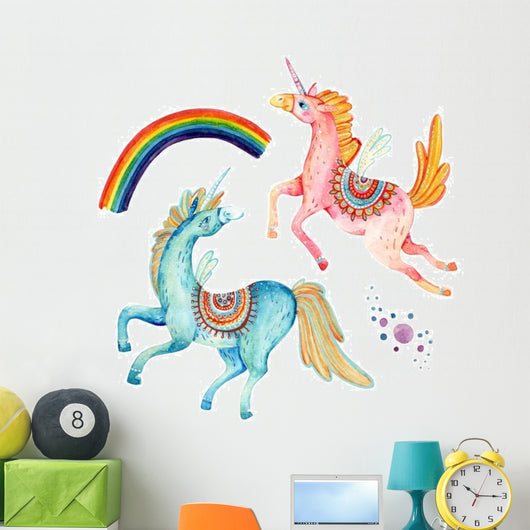 Watercolor Rainbow Flying Unicorns Wall Decal Sticker Set