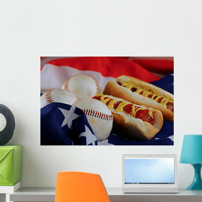 Hotdogs Baseballs American Flag Wall Decal shown on a wall