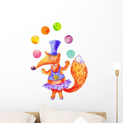 Cartoon Watercolor Funny Fox Wall Decal shown on a wall