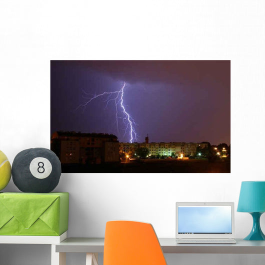 Lightning over City during Wall Decal