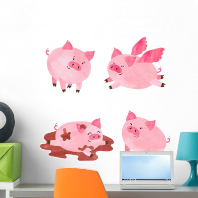 Watercolor Cute Pigs Wall Decal Sticker Set shown on a wall