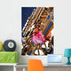 Gold Saxophone and Pink Rose on Blue Wall Mural