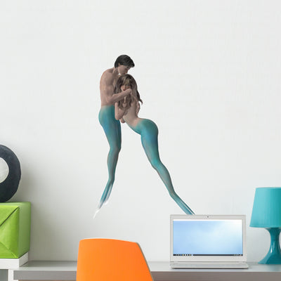 Mermaid Couple Wall Decal Design 2 shown on a wall