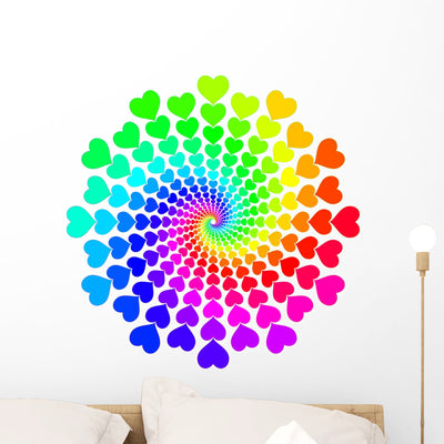 Spiral Hearts Rainbow Wall Decal shown on a wall