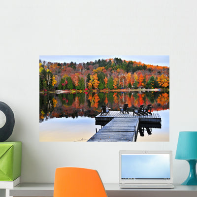Wooden Dock Autumn Lake Wall Decal shown on a wall