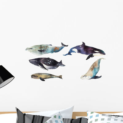 Watercolor Whales Sea Animals Wall Decal shown on a wall