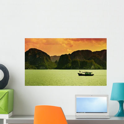 Boat Sailing along Coast Wall Decal shown on a wall