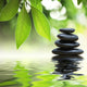 Zen stones pyramid on water surface, green leaves over it Wall Mural