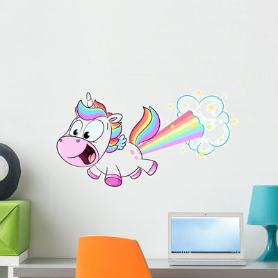 Rainbow Farting Unicorn Wall Decal shown on a wall