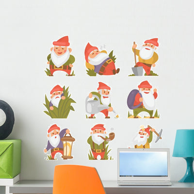 Fairy-tale Fantastic Garden Gnomes Wall Decal Sticker Set shown on a wall
