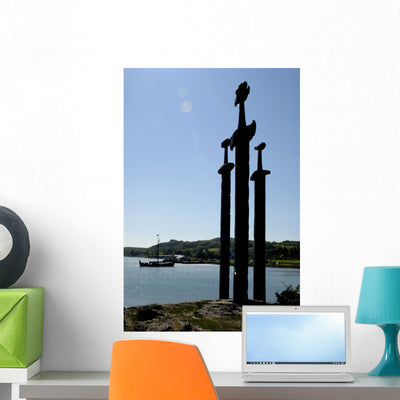 Viking Ship and Swords Wall Mural shown on a wall