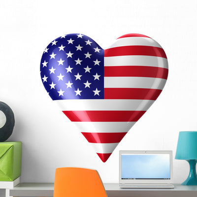 Heart with American Flag Wall Decal shown on a wall