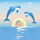 Jumping dolphins in front of a sunset over sea Wall Mural