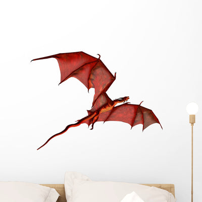 Flying Red Dragon Wall Decal shown on a wall