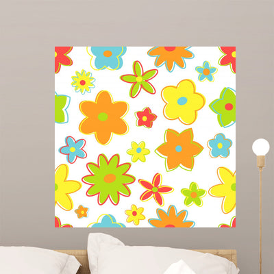 Seamless Retro Flowers Bright Wall Mural shown on a wall