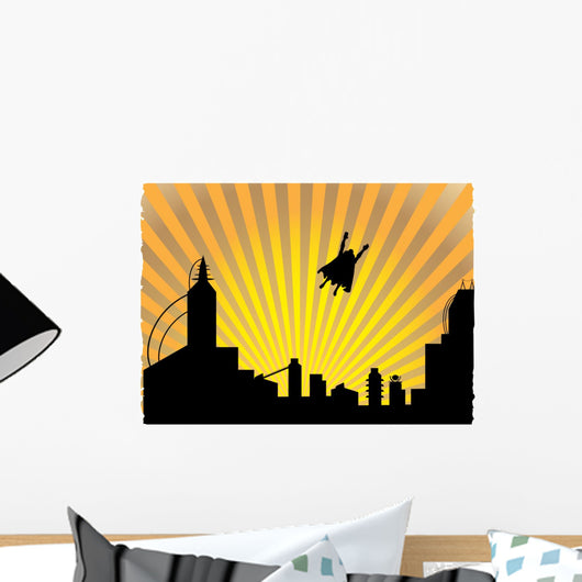 Silhouetted  superhero flying off into the sunset Wall Mural