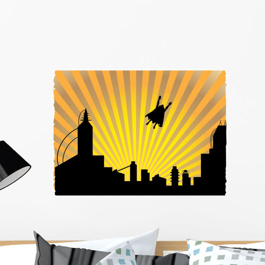 Silhouetted  superhero flying off into the sunset Wall Mural