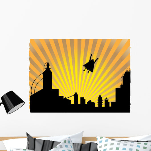 Silhouetted  superhero flying off into the sunset Wall Mural