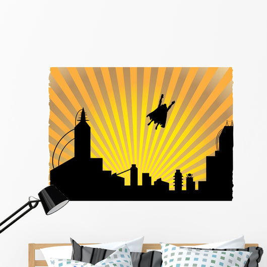 Silhouetted  superhero flying off into the sunset Wall Mural