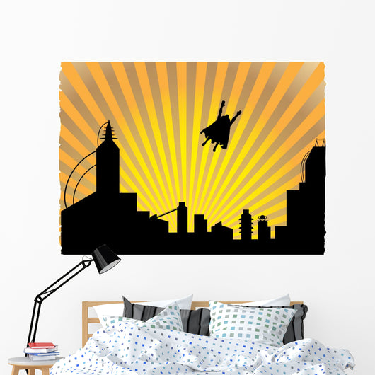 Silhouetted  superhero flying off into the sunset Wall Mural