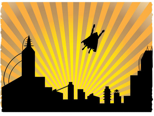 Silhouetted  superhero flying off into the sunset Wall Mural