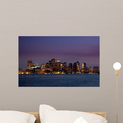 Panorama Boston Skyline Night Wall Mural shown on a wall